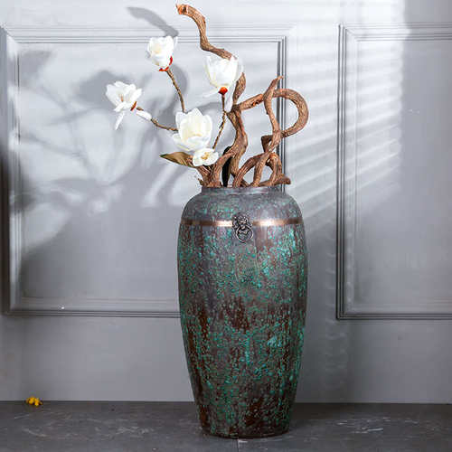 景德镇新中式复古陶瓷花瓶客厅玄关插花落地做旧花器三件套粗陶摆