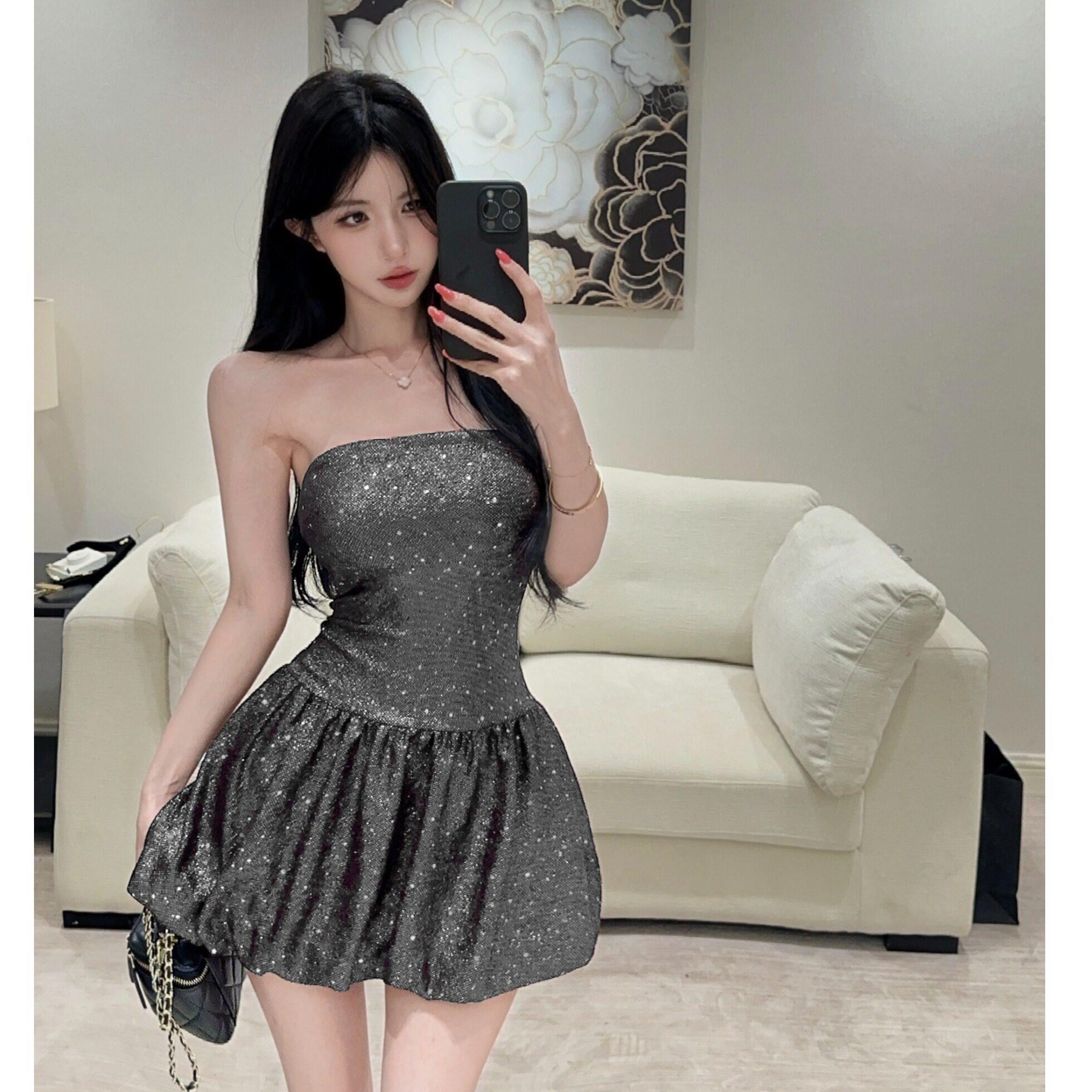 高级设计感小礼服裙夜店辣妹性感抹胸花苞裙闪亮夜场短款连衣裙女