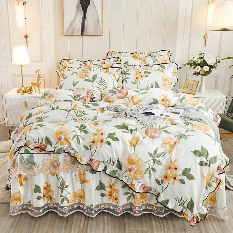 正品全夹棉加厚床套裙四棉件套韩款版蕾丝印花床罩纯棉双人被床上