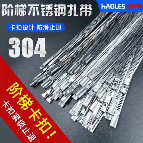 浩莱斯阶梯卡扣自锁式304不锈钢金属扎带4.5x200mm船用电缆捆绑带