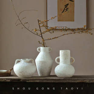 水培摆件双耳客厅白色怀旧插花带复古简约陶瓷花瓶家居耳朵装饰