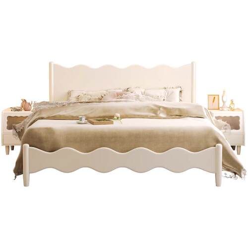 轻法式实木双人1米35米床架子次卧南康白色奶油风1.5单人波浪木床