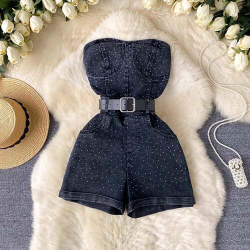 Women Denim one pieces Summer Fashion Drill High Waist Slim