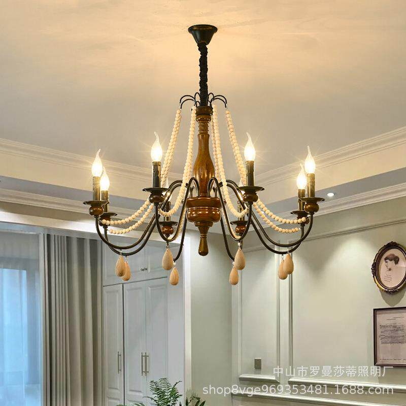 美式复古风客厅主灯法式乡村民宿楼梯餐厅感卧室珍珠蜡烛吊灯