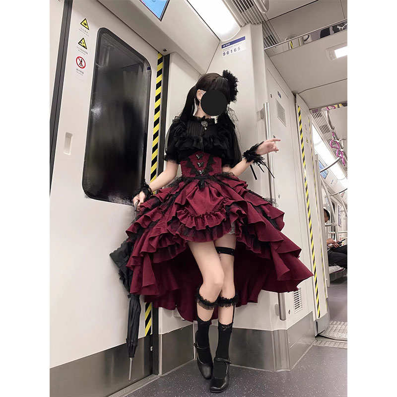 万圣节庄园暗黑哥特风lolita黑衬衫红色提拉裙套装洛丽塔cos服装