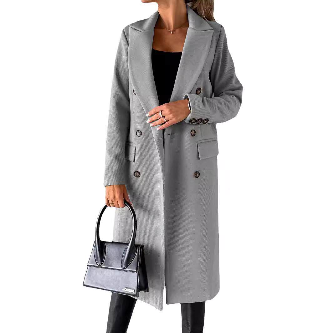 Pockets Breasted Double Sleeve Long Color Solid Coat Woolen
