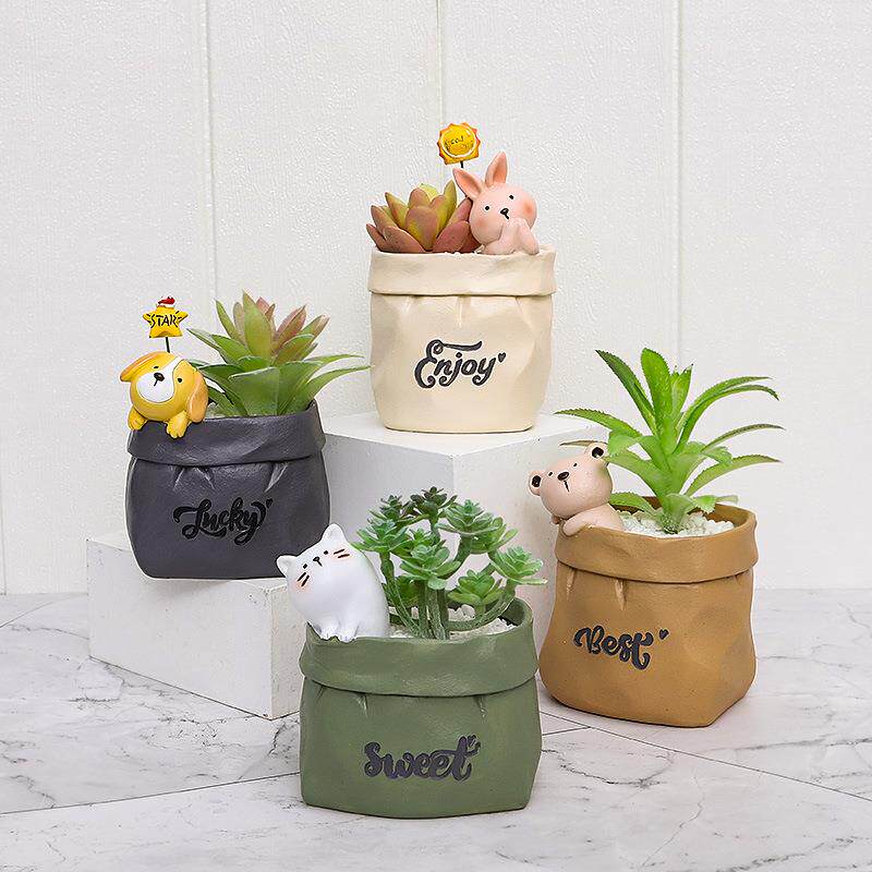 田园复古仿纸袋树脂多肉花盆儿童笔筒创意小花盆桌面装饰收纳