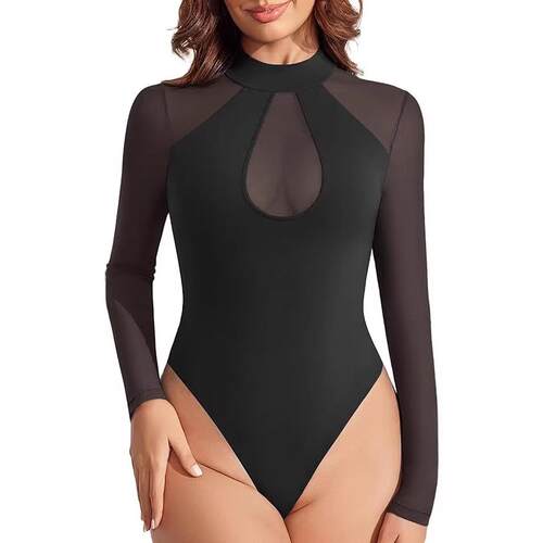 Long sleeved base shirt, half round neck mesh patchwork
