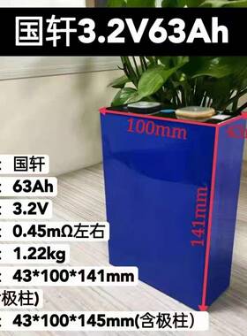 国轩3.2V63ah磷酸铁锂大单体铝壳动力电池3.2v52h电动三轮车电池
