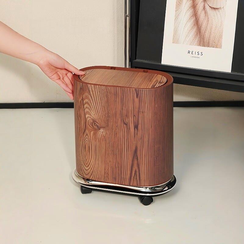 复古仿木纹垃圾桶家用卫生间厨房大容量带盖带滑轮加厚双层易清洗