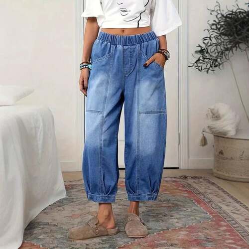 Barrel Jeans Women Leg Waisted Cropped Baggy Relax Stretch