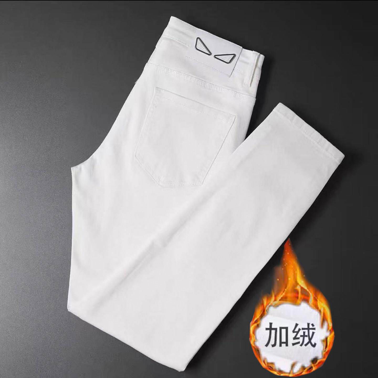 香港潮牌高端加绒九分白色牛仔裤男秋冬新款修身小脚弹力休闲长裤