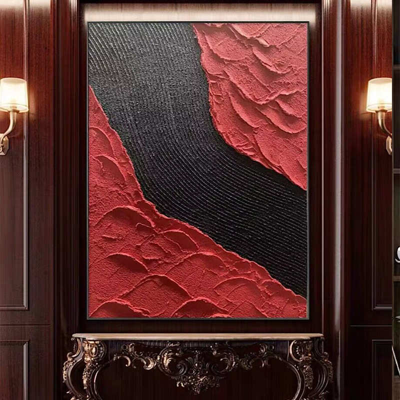 纯手绘油画大红色复古客厅装饰画酒店别墅大厅挂画中国风红火壁画图片