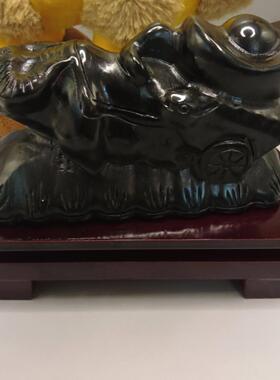 天然黑耀石招财牛拉元宝摆件风水白居家客厅玄关生肖吉祥物摆件