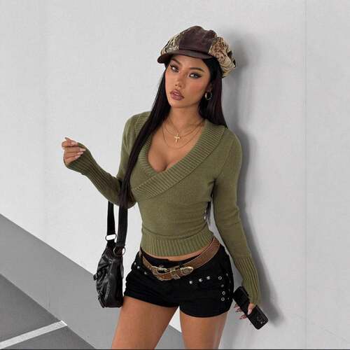 Women's V-Neck Fitted Knit Pullover Sweater Warm