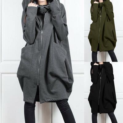 Hooded pocket hoodie zipper mid length jacket for women