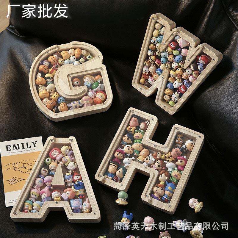 现货木质26个英文字母储蓄罐儿童小玩具收纳盒透明亚克力存钱罐子