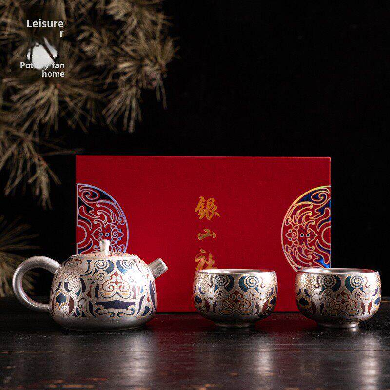 陶宓敦煌艺术镀金银茶壶套装高级功夫茶具一壶两杯银壶银杯高档礼