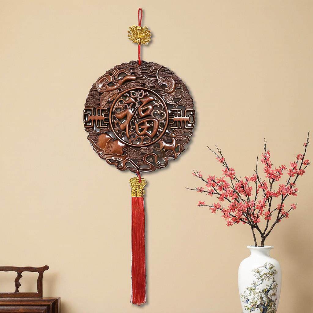 中式福字木雕挂件新年装饰品镂空雕花流苏马年直径48cm