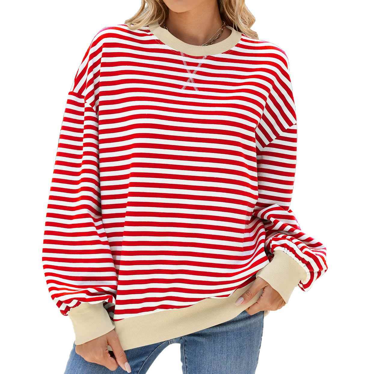 Striped round neck contrast color loose casual long sleeve