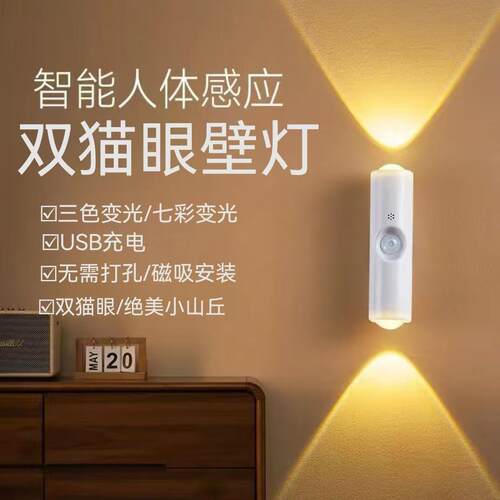 跨境新款智能人体感应灯自粘磁吸壁灯充电小夜灯山丘双猫眼氛围灯