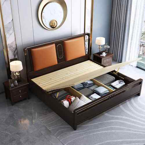 新床中式床实木1A09#.8米双人床现奢代式轻卧室软靠床气压高箱1中