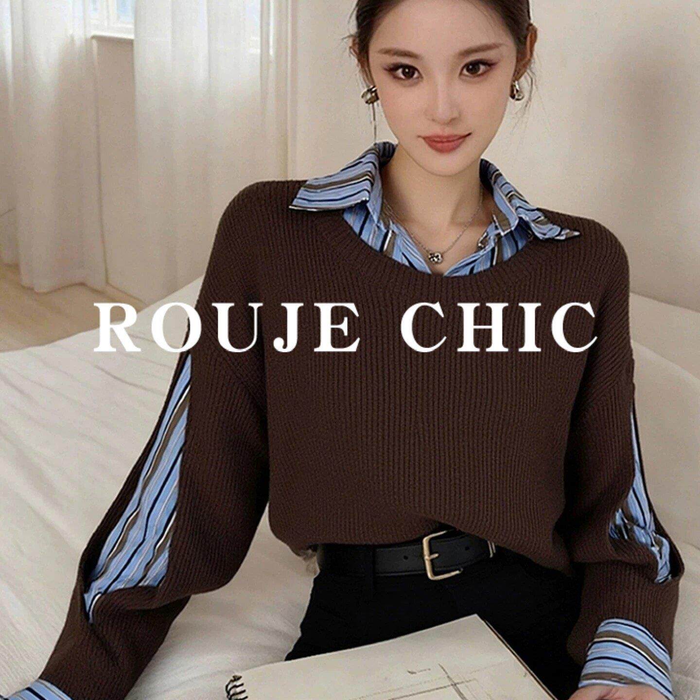法国rouje chic温柔系条纹衬衫领拼接坑条毛衣女春季假两件针织衫