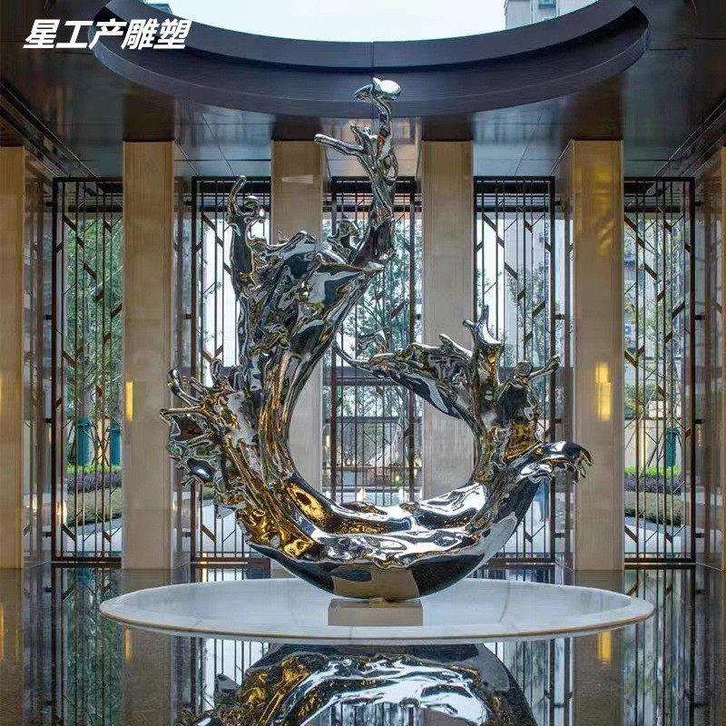 大型不锈钢镜面浪花雕塑酒店水景雕塑售楼部抽象水浪金属浪花摆件