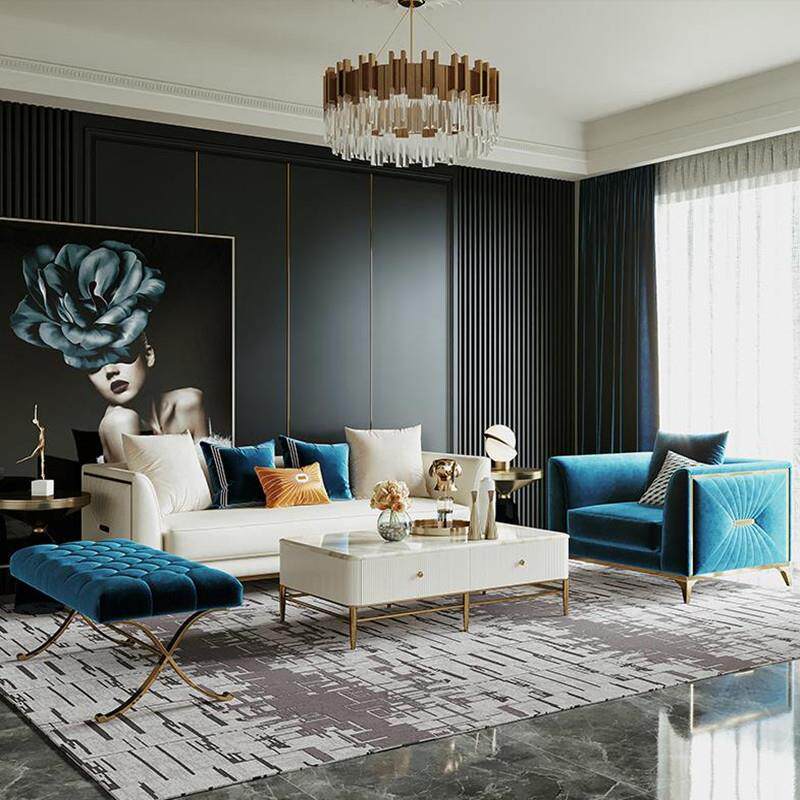 后现代三人位皮艺白色沙发简约客厅不锈钢蓝色丝绒脚踏沙发整装