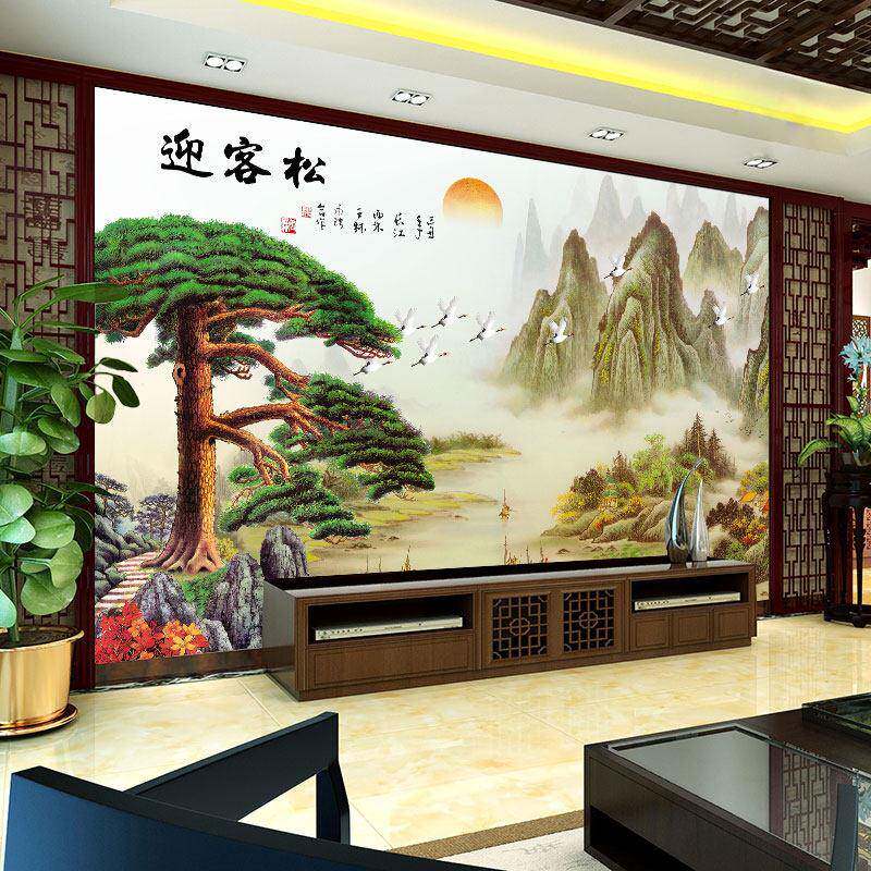新中式迎客松大气电视背景墙壁画3d立体影视墙客厅山水画风景壁纸