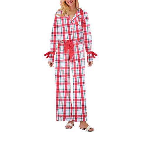 Women Valentines Pajamas Bow Print Lape Long Sleeve Button