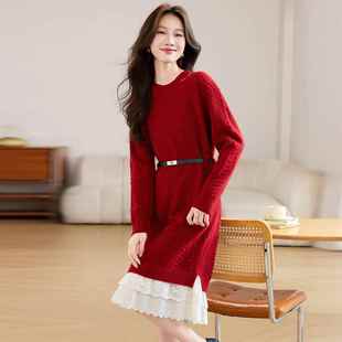 蕾丝拼接针织连衣裙2025秋冬新款 打底毛衣长裙 气质显瘦红色中长款