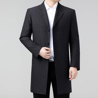 西长款装领毛风衣商务休闲中年中爸爸装条纹大羊衣扣子款男装1806