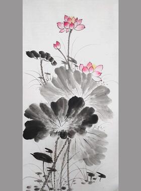 手绘水墨荷花挂画新中式国画玄关挂饰书房清廉国画装饰无框写意莲