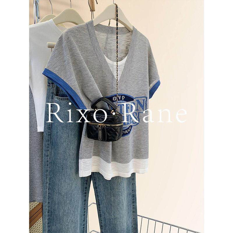 法国Rixo Rane?假两件冰丝针织T恤女夏季薄款小飞袖短袖正肩上衣