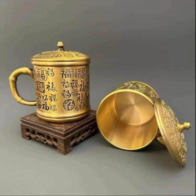 新款黄铜竹节百福杯纯铜茶缸高档家居茶道摆件古玩铜器收藏带盖子