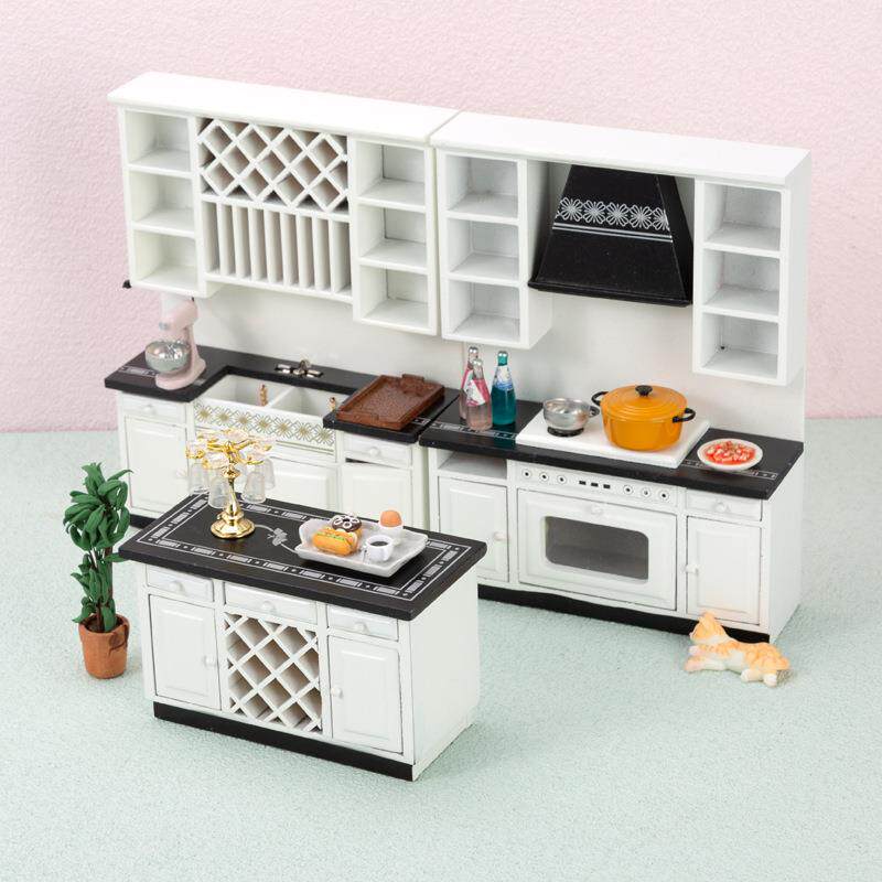 娃娃屋dollhouse厨房过家家微缩食玩模型白色现代厨房柜子三件套