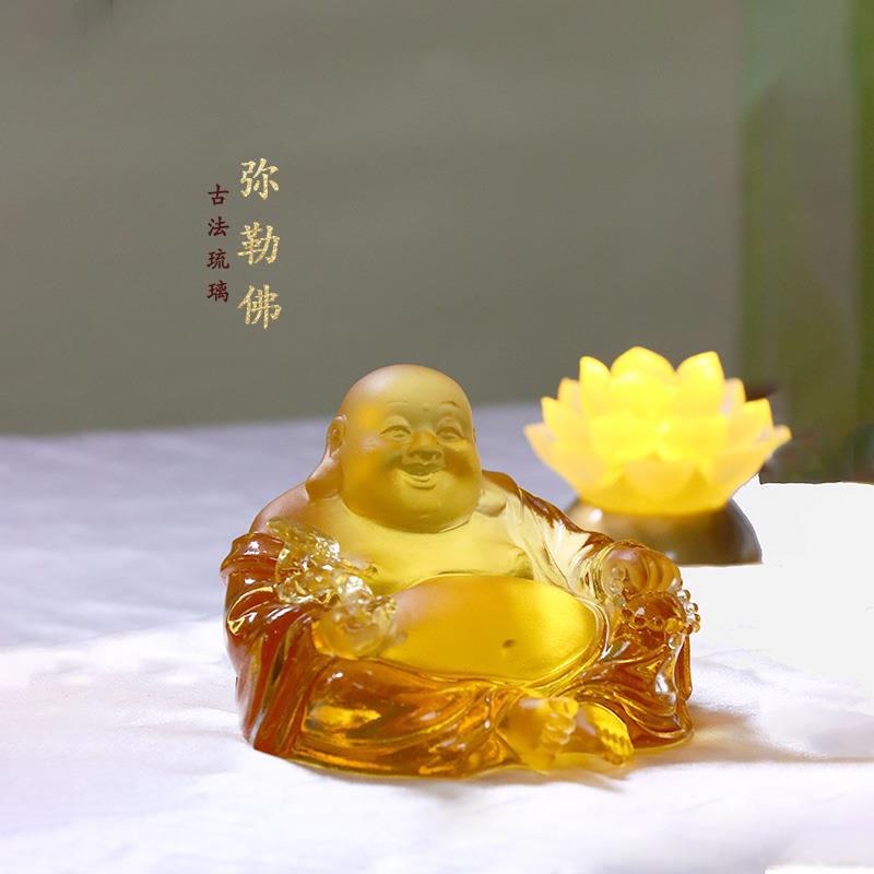 笑纳天下福古法琉璃弥勒佛桌面摆件佛堂供佛摆件客厅书房卧室摆件