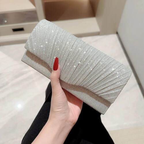 Ladies Glitter Silver Clutch Bag Envelope Evening Bag Fashio