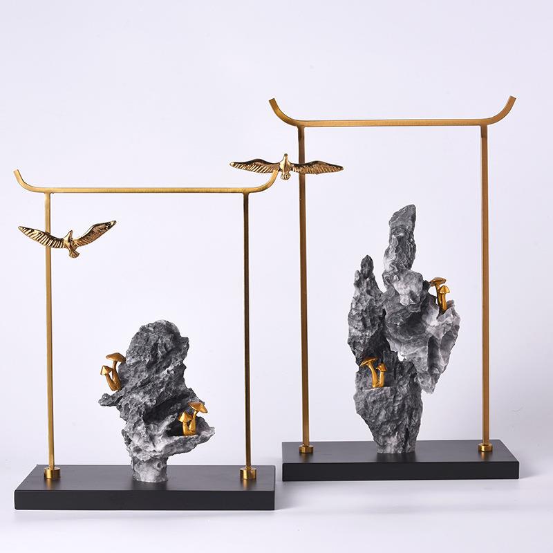 新中式风格树脂假山摆件水墨画山水风客厅玄关家居装饰品插花摆设