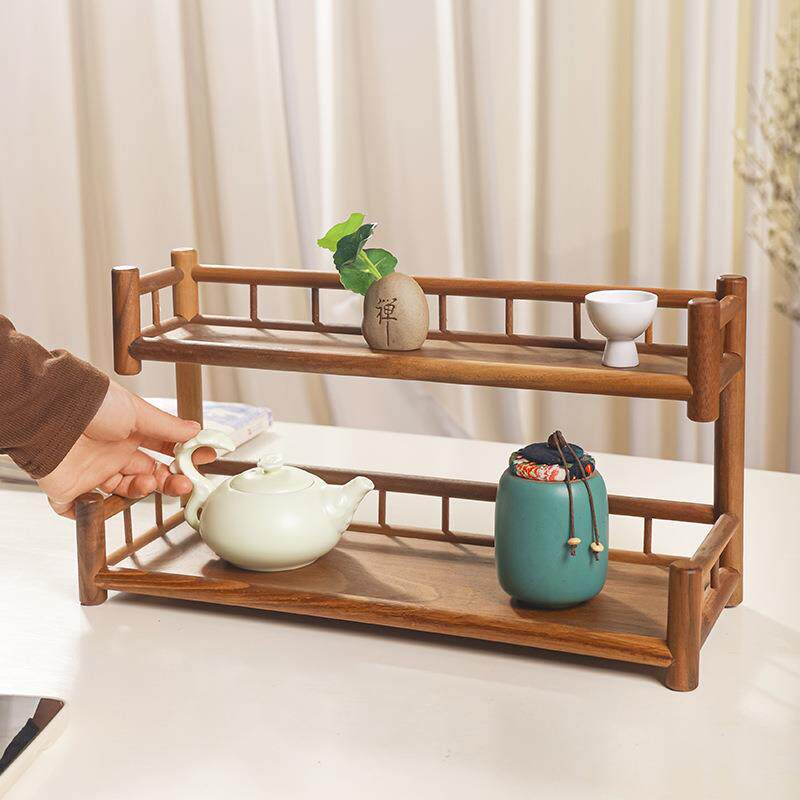 双层壶架茶杯架子茶具收纳架北美胡桃木架轻奢博古架实木小型桌上