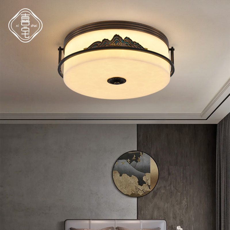 新中式吸顶灯圆形客厅灯卧室书房长方形大厅主灯复古大气全铜灯具