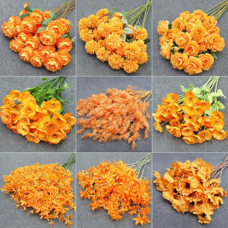 橘色彷真花婚庆花材餐桌花橙色玫瑰花订婚插花花艺婚礼假花路引花