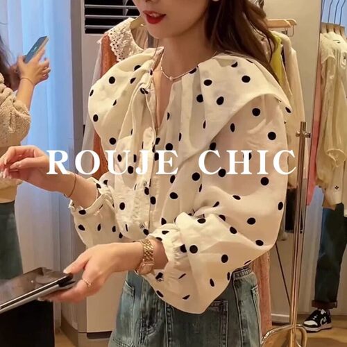 法国rouje chic法式复古设计感波点衬衫女春季甜美减龄娃娃领衬衣