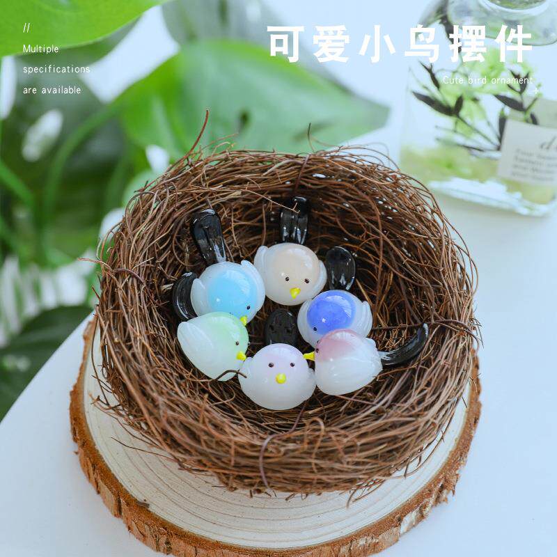 创意可爱小鸟笔架桌面玻璃摆饰客厅书桌家居彩色迷你云雀玻璃摆件