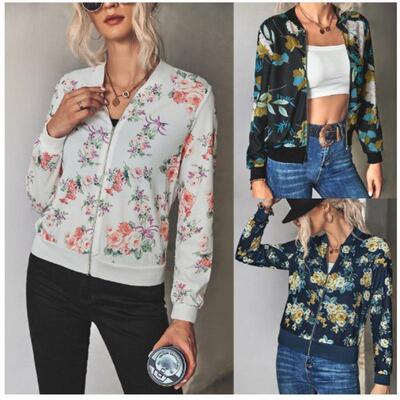 Printed zipper long sleeved jacket for women