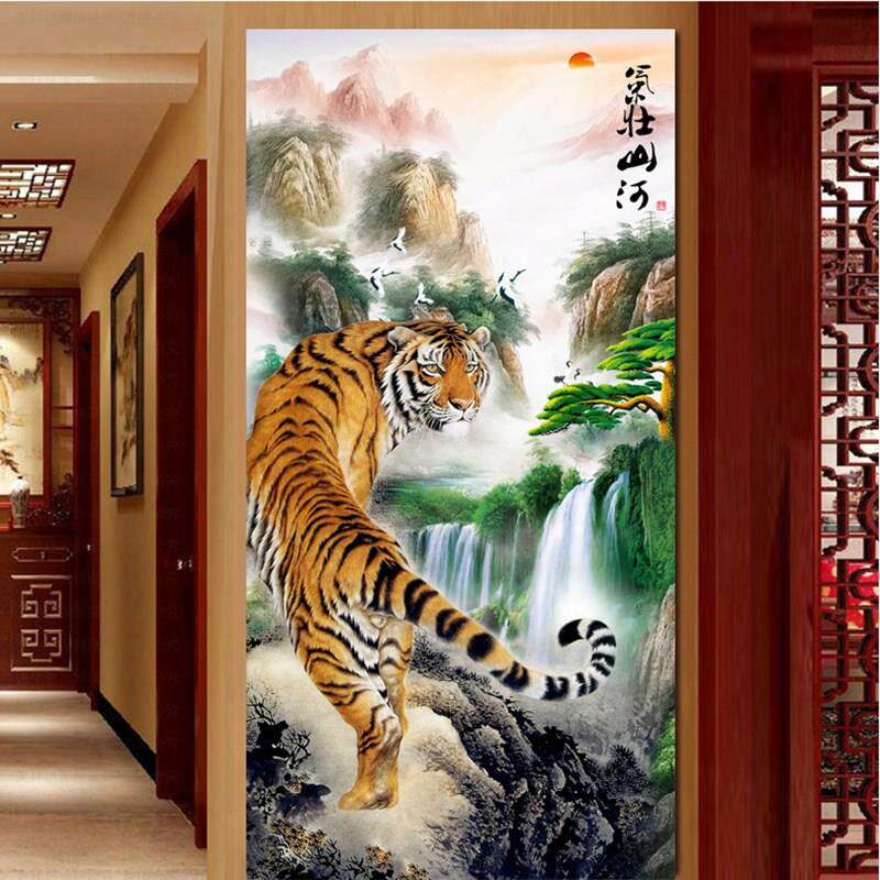 气壮山河钻石画客厅玄关装饰十字绣猛虎魔方钻5D钻石绣水晶