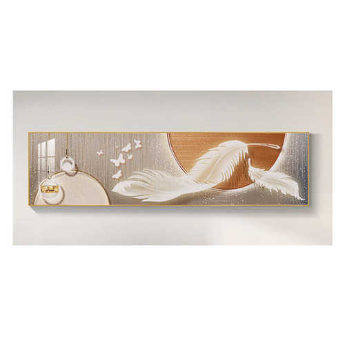 卧室装饰画现代简约主次卧床头挂画轻奢橙色羽毛挂画横版客厅壁画