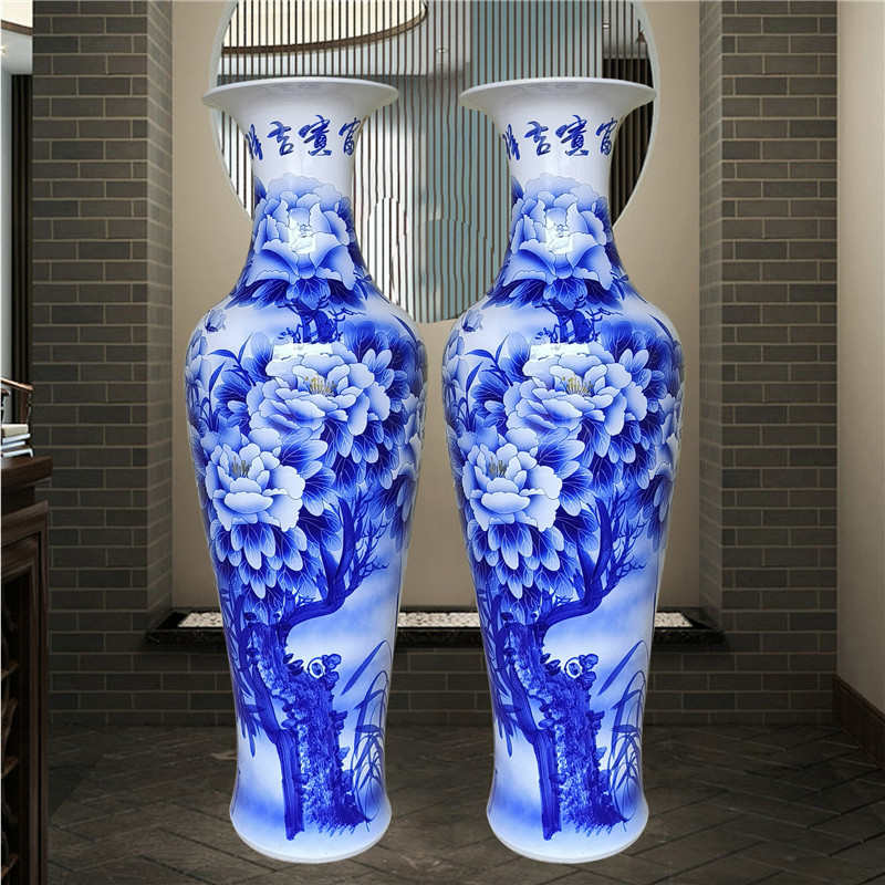 中式公司摆件落陶瓷花瓶开业地大礼手绘牡丹青花瓷酒店客厅景德镇