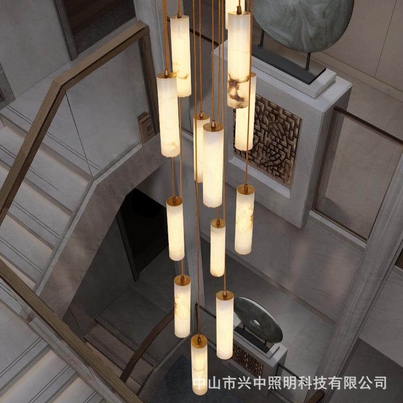 现代简约别墅楼梯间吊灯跃层酒店复式楼loft设计师北欧全铜云石灯